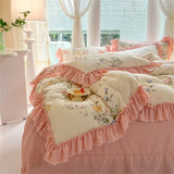 Purpdrank  Fashion Flower Bedding Set Bed Sheet Cute Princess AB Double Sided Ruffle Flower Quilt Cover Pillowcase Bedclothes Home Textiles