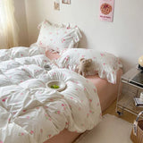 Purpdrank  Cute Floral Duvet Cover Set Ins Korean Style with Flat Sheet Pillowcase No filler Washed Cotton Queen Full Twin Home Bed Linen