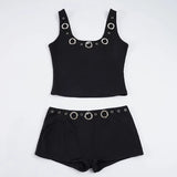 Purpdrank  Street Style 2-Piece Set Sexy Metal Eyelet U-Neck Sleeveless Tank Top and Low Rise Slim Shorts Women Casual Sporty Outfit
