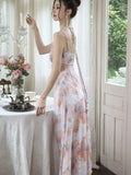 Purpdrank  Elegant Floral Print Sleeveless Maxi Dress Cut-out Waist Design Party Sexy  Backless Straps Colorful Halter Evening Long Dresses
