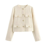 Purpdrank  Women's Clothing Spring Autumn Bomber Jacket New Crop Tops Round Neck Multiple Pockets Coat Single Breasted Long Sleeves Blazer