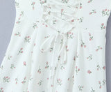 Purpdrank  Sexy White Floral Print Cross Lacing up Bandage Back Sling Dress Women Corset Style Bow Ruched Chest Hem Slit Swing Midi Robe