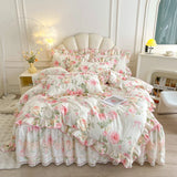 Purpdrank  100% Cotton Vintage Pastoral Style Rose Flowers Print Ruffles Bedding Set Duvet Cover Set Bow Lace Quilted Bed Skirt Pillowcases