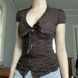 Purpdrank  American Retro Women T Shirts Brown Polka Dot Button Lace Up Slim Fit T-shirt Casual Street Short Sleeved Harajuku Tee