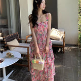 Purpdrank  Flower Printed Pleated Waist A-line Dress Sweet Beach Chiffon Fragmented Pink Strap Dresses Fashionable Cake Vestidos Fairy