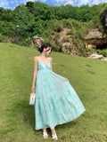 Purpdrank  Sexy V-neck Backless Strap Long Fairy Skirt Pure Desire Style U-neck Polyester Spring Summer Vacation Beach Holiday Dress