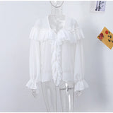 Purpdrank  Elegant Ruffle Solid Women Shirts Sexy See Through Deep V Neck Full Flare Sleeve Female Blouse 2025 Spring Loose Office Lady Top