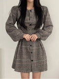 Purpdrank  Autumnal Midi Dr with Single Button Closure Puff Sves Waist Cinching Chic Retro Sle Long Sve Commute Wear