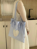 Purpdrank  Blue and White Striped Butterfly Bow Large Capacity Commuting Shoulder Bag