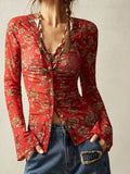 Purpdrank  Print Blouse Women Stand Collar Single Breasted Shirts Long Sleeve Vintage Fashion Top Spring Summer New Female Blouse