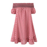 Purpdrank  Romantic Red Plaid Wood ears Ruffles Spliced Slash Shoulder Short Sleeve Dress Women Ruffles Hem Loose Mini Dresses Vestidos