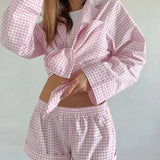 Purpdrank  Autumn Trend Retro Plaid Cardigan Long-sleeved Shorts Two-piece Foreign Trade Comfortable Home Wear