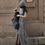 Purpdrank  Grey Split Denim Skirt Female 2025 Spring High Waist Slim Casual Fashion Women's Long Skirt