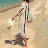 Purpdrank  Summer Bohemian Knitted Women's Tassel Dresses Female Straight V-Neck Short Sleeve Beach Sundress Dress