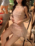 Purpdrank  Korean Sweet Spicy Girl 2 Piece Set Women Print Lace Patchwork Tops + Mini Skirt Female Retro Slim Hottie Elegant Outfits Summer