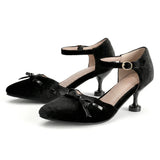 Purpdrank  Big Size 46 Women Pink Velvet Mary Jane Pumps Bow Knot Ankle Strap Kitten Heel Shoes Elegant Pointed Toe Office Dress Shoes
