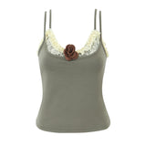 Purpdrank  Highstreet 2 pieces 1 Set Camisole Women 3D Flower Wood ears Lace V neck Skinny Tank Tops Cool Girl Sexy Slim Crop Top