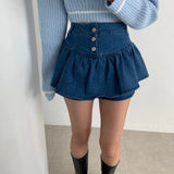 Purpdrank  Summer Women's Denim Short Skirts 2025 New Blue Washed High Waist Pleated Buttons Ruffles Jeans Shorts for Women