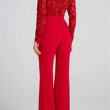 Purpdrank  Embroidery Lace Red Jumpsuits Women Sexy Slim Long-sleeved Belt High Waist Jumpsuit Female 2025 Casual Lady Party Rompers