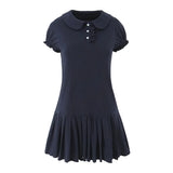 Purpdrank  Cute Youthful Doll Collar Pleated Short Skirt Women's Fashion Mini Dress Bubble Sleeve Waist Cinched College Style Chic
