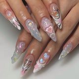 Purpdrank  24pcs 3D Blue Heart Press on Nails Medium Almond Fake Nails with Glue Full Cover Pink Gradient Y2k False Nails Sweet Cool Nail