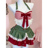 Purpdrank  Y2K 2 Pieces Set Woman Outfit Kawaii Bow Plaid Lace Halter Tops Gyaru Ruffles Mini Skirt Summer Japanese Design Clothes
