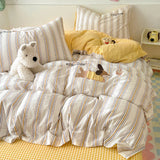 Purpdrank  Embroidery Stripe Bedding Set Cute Cartoon Washed Cotton Soft Four Piece Sets Pillowcase Duvet Cover Set 200x230cm Home Textiles