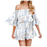Purpdrank  Women Elegant Summer Romper Sexy Off Shoulder Flare Short Sleeve Wide Leg Shorts Pants Fashion Floral Print High Waist Jumpsuit