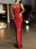Purpdrank  Sequin Strap Slip Dress Red Sparkling Backless Halter Slim Fit French Luxury Socialite Evening Robes Slimming Women Long Dresses