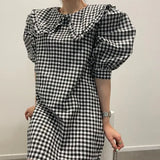Purpdrank  Chic Spring Sweet Young Looking Wood ain  Doll Collar Loose Bubble Sve Plaid Dr Women's Faion Casual Skirts