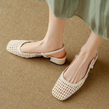 Purpdrank  French square-toed woven high-heeled sandals, 2025 summer new skeletonized fashionable leather fabric mid-heel women's shoes