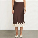 Purpdrank  New Lace Patchwork Silk Surface Half Skirt Draped Glossy A-line Mid-length Skirt Women Spring Autumn Elegant Demeanor Lace Skirt