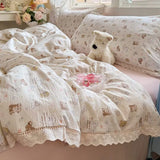 Purpdrank  Korean Style Girly Heart Floral Double Layer Gauze Four-Piece Set Princess Style Lace Trim Quilt Cover Bed Sheet Dormitory