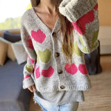 Purpdrank  Vintage Harajuku Autumn/Winter Coat Women's Knit Cardigan Soft Sweet Heart Print V-neck Single-breasted Long-sleeved Top Trendy