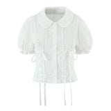 Purpdrank  Sweet White Embroidery Hollow Out Hole Splice Lace Peter Pan Collar Short Sleeve Shirt Women Ribbon Front Slim Crop Tops