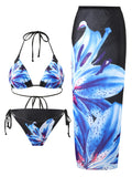 Purpdrank  Sexy Bikini Three-Piece Set Print Vacation Skirt Separate Long Skirt Beach Tie Summer Swimwear Polyester Fabric with Chest Pad