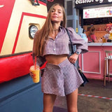 Purpdrank  Plaid Two Piece Sets Women Summer Lantern Sleeve Shirt Tops With Wide Leg Shorts Sets Elegant Fashion Casual Loose Female Suit