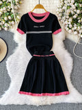 Purpdrank  Korean Sle Student Stripe Knitted T-irt Top High Waist A-Line Skirt Set round Ne ort Sve Casual Faion Ensemble