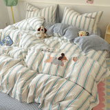 Purpdrank  Cute Cartoon Embroidery Stripe Bedding Set Washed Cotton Soft Four Piece Sets Pillowcase Duvet Cover Set 200x230cm Home Textiles