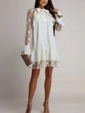 Purpdrank  Elegant Women Ruffle Edge Banquet Dress 2026 Flared Sleeve Solid Color Commuting Dress Fashion Lace Patchwork Holiday Mini Dress