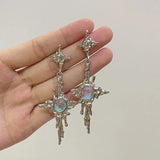 2024 Trend Cross Moonstone Dangle Earrings Women Girl Irregular Liquid Metal Cross Crystals Drops Earrings Jewelry