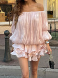 Purpdrank  Fashion Temperament Hight Waist Short Dress Casual Draped Solid Ruffle Mini Dress Women's Elegant Off Shoulder Long Sleeve Dress