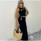 Purpdrank  Luxury 3D Metal Flower Women Two Piece Set Hollow Out Sleeveless Slim Cropped Tops High Waist Maxi Skirt Party Vacation Suits