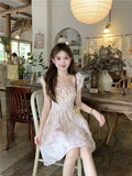 Purpdrank  French Ruffled Lace Square Neck Small Flying Sleeve Floral Dress Summer New Style Waist-hugging Short Skirt