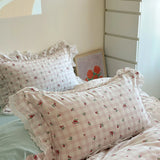 Purpdrank  Korean Princess Style Lace Ruffles Floral Bedding Set 100% Cotton Duvet Cover Bed Sheet/Fitted Sheet/Bed Skirt Pillowcases 3/4Pc