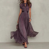 Purpdrank  Elegant Lace Party Long Dresses For Women Summer Fashion Solid Color Short Sleeve O-neck Slim Maxi Dress Casual