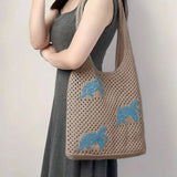 Purpdrank  Casual Cartoon Turtle Knitting Shoulder Bag Hollow Large Capacity Beach Bag Knitted Beige Brown Underarm Bag Vacation