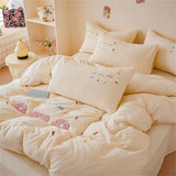 Purpdrank  Pink Bedding Sets Solid Color Washed Cotton Home Girls Bedroom Decor Duvet Cover Pillowcase Bedspread Embroidery Four Piece Set