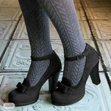 Purpdrank  Women Pumps Flock Round Toe Chunky High Heels Bownot Plus Size 41 42 43 30 31 Party Female Shoes Summer