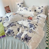 Purpdrank  Korean Ins Rose Pastoral Lace Quilt Cover Washed Cotton Princess Bedding Sets Bed Skirt Ruffles Pillowcase Woman Duvet Cover